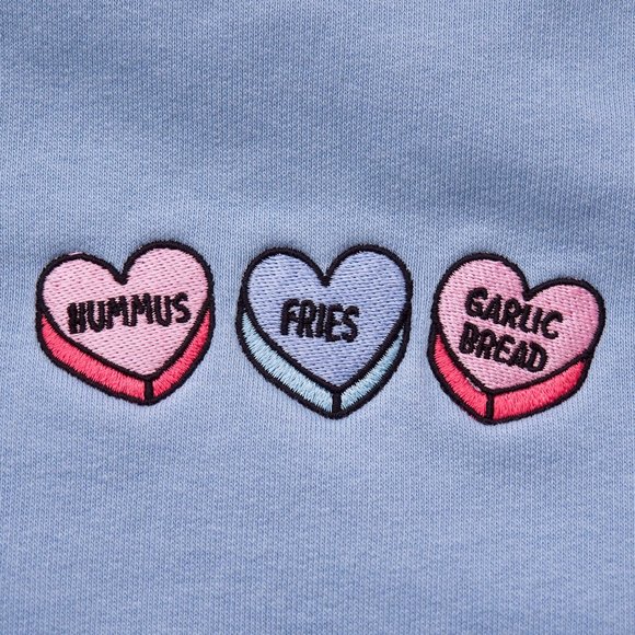 LOVEHEARTS Fries, Hummus & Garlic Bread Light Blue Retro Embroidered Sweater - Picture 2 of 11